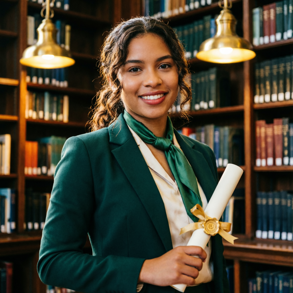 Profissional segurando diploma em biblioteca elegante